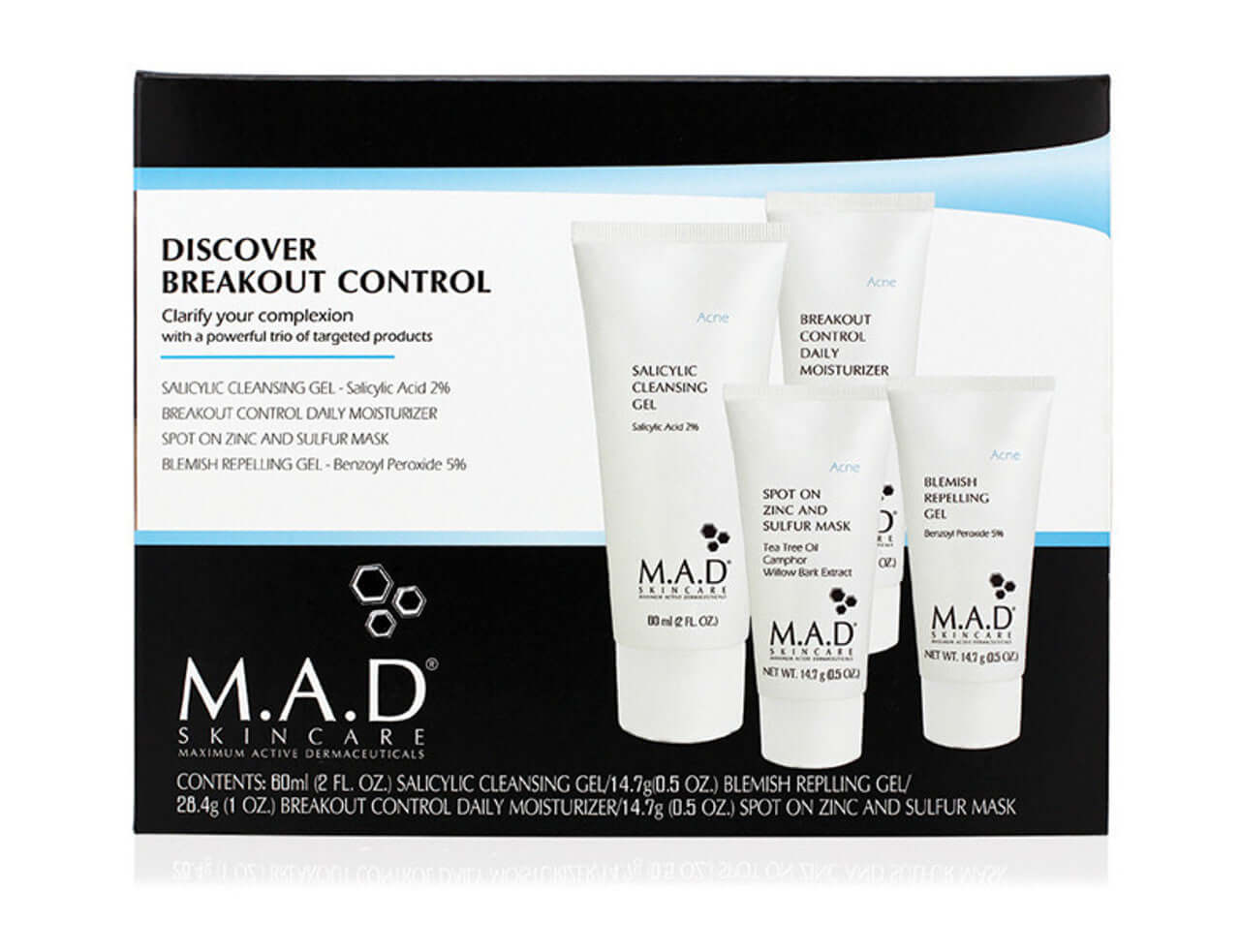 Discover Breakout Control by MAD Skincare kit with salicylic gel, blemish gel, daily moisturizer, and zinc sulfur mask displayed in packaging