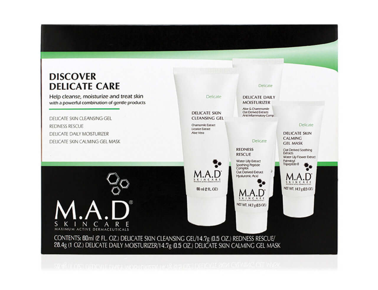 MAD Skincare Discover Delicate Care Kit including cleansing gel, redness rescue, daily moisturizer, and calming gel mask.