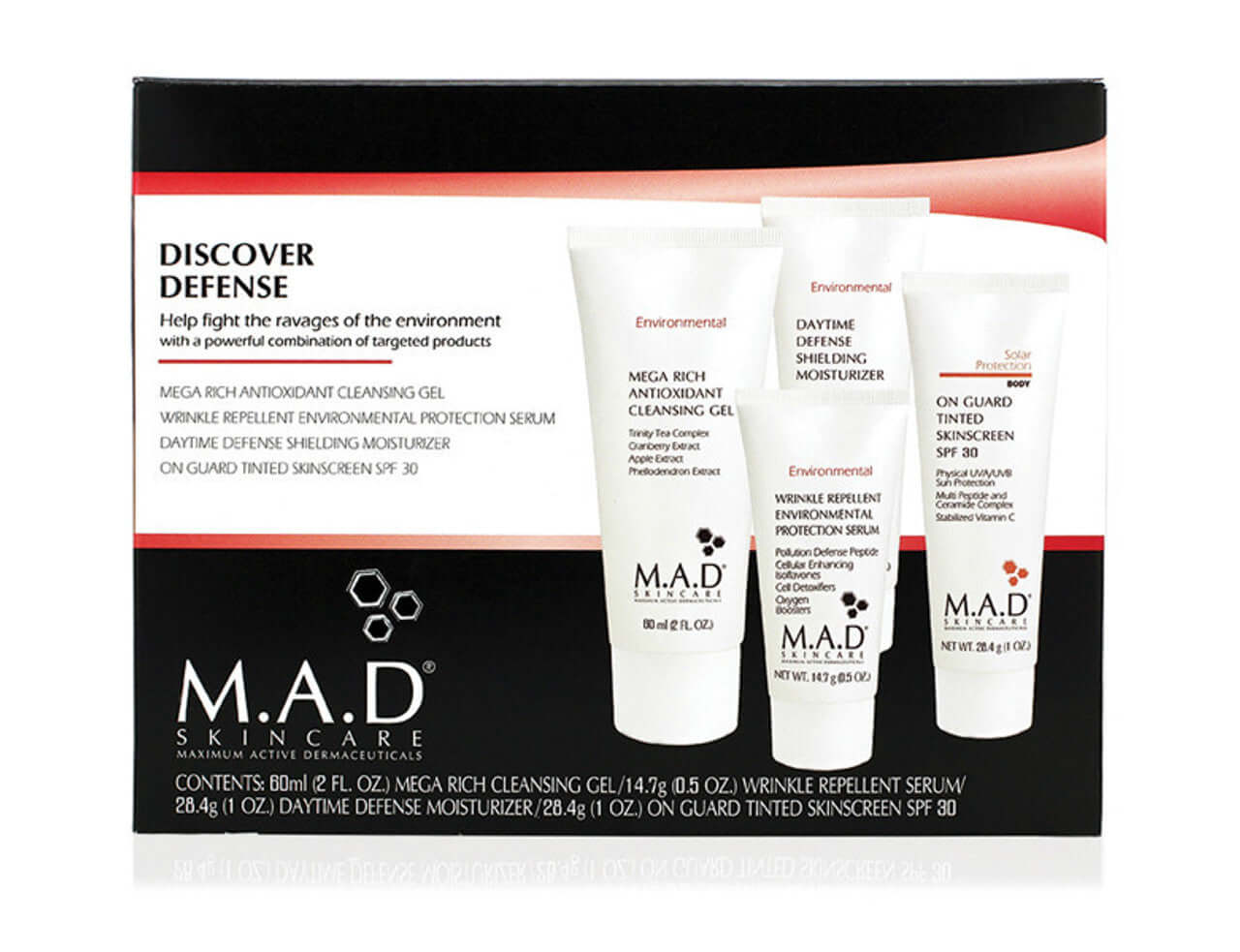 MAD Skincare Discover Defense Kit with Mega Rich Cleansing Gel, Wrinkle Repellent Serum, Daytime Defense Moisturizer, and SPF 30 Skinscreen.