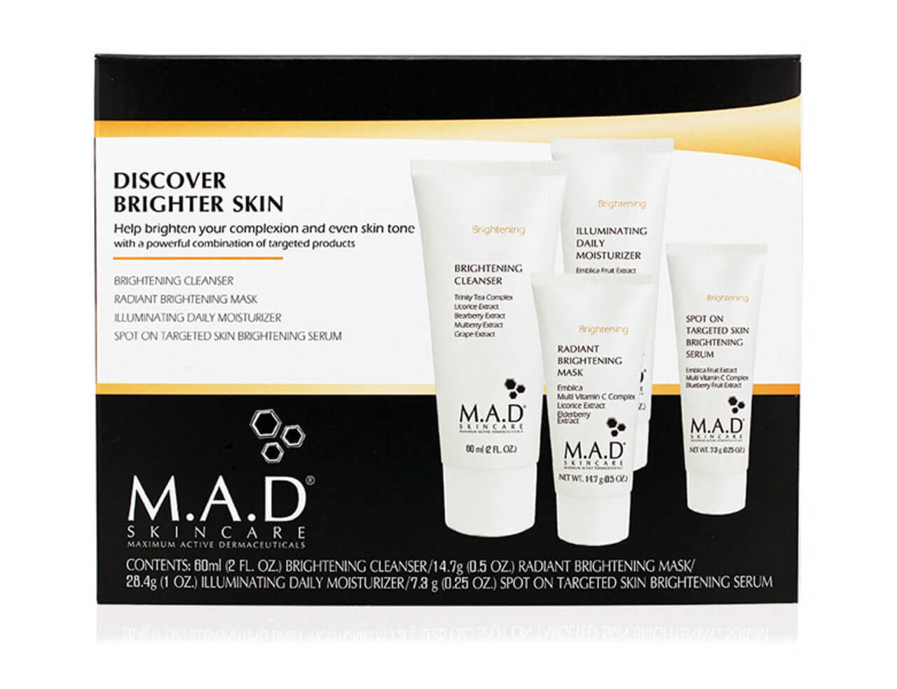 MAD Skincare Discover Brighter Skin kit, includes Brightening Cleanser, Radiant Brightening Mask, Illuminating Daily Moisturizer, and Spot On Serum