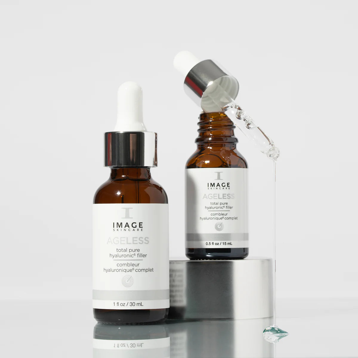 AGELESS Total Pure Hyaluronic 6 Filler bottles, showcasing concentrated hyaluronic acid for smoothing fine lines and wrinkles.