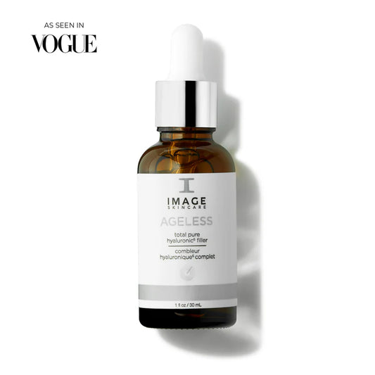 AGELESS Total Pure Hyaluronic 6 Filler in a dropper bottle, designed to smooth fine lines and hydrate skin.