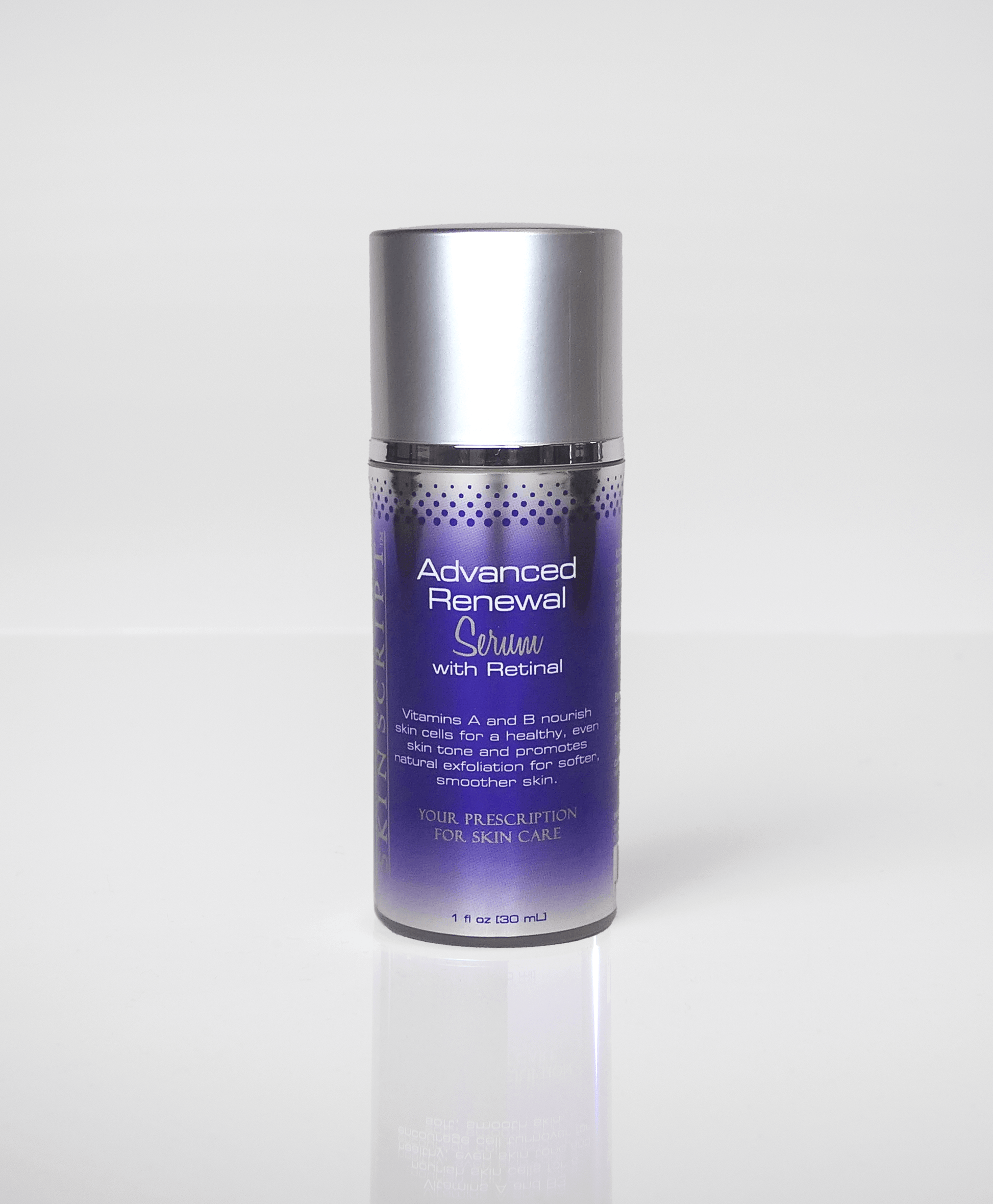 Advanced Renewal Serum bottle promoting anti-aging and rejuvenation by Skin Script Skin Care with Retinal and vitamins A and B.