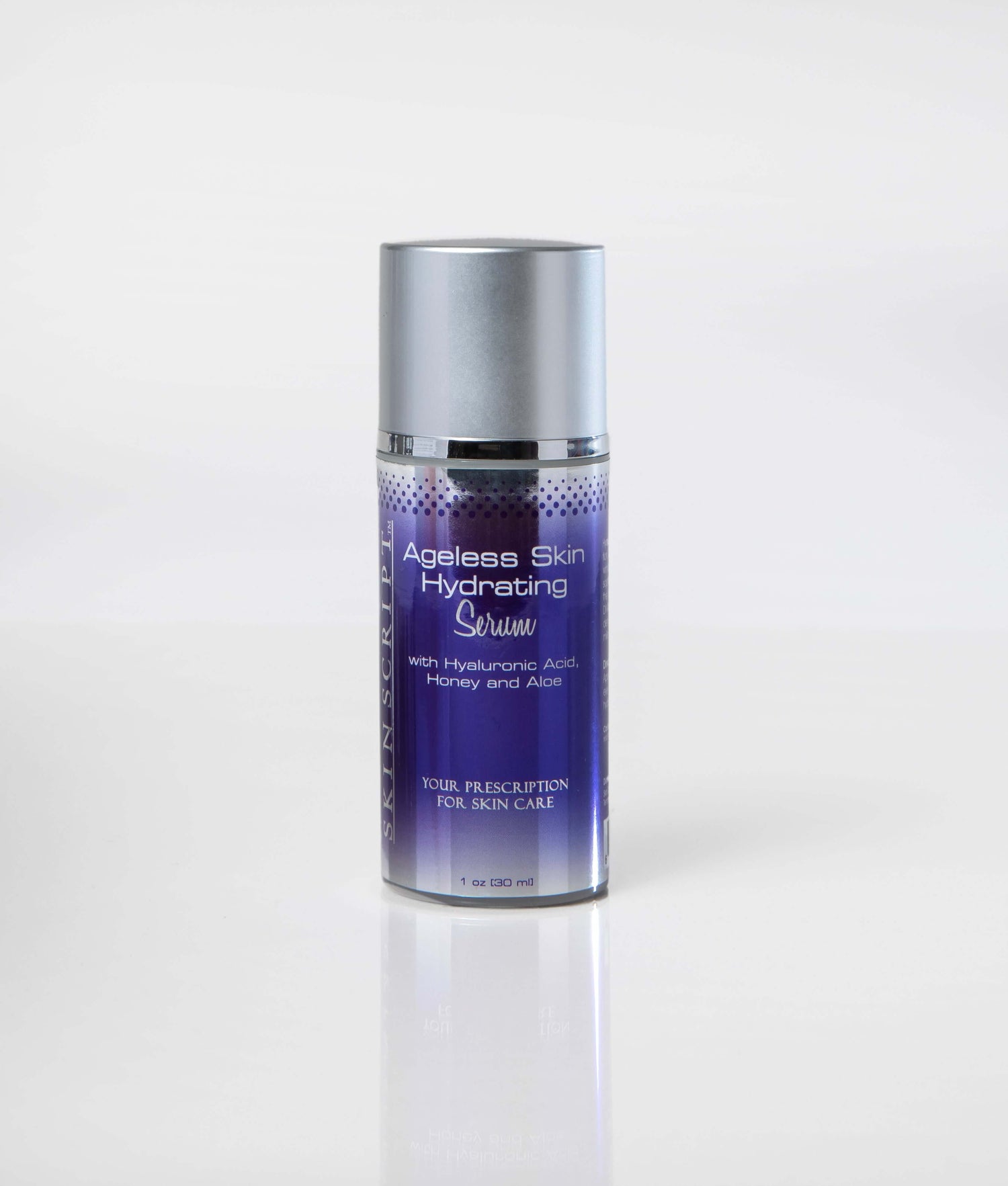 Ageless Skin Hydrating Serum bottle with hyaluronic acid, honey, and aloe on a white background