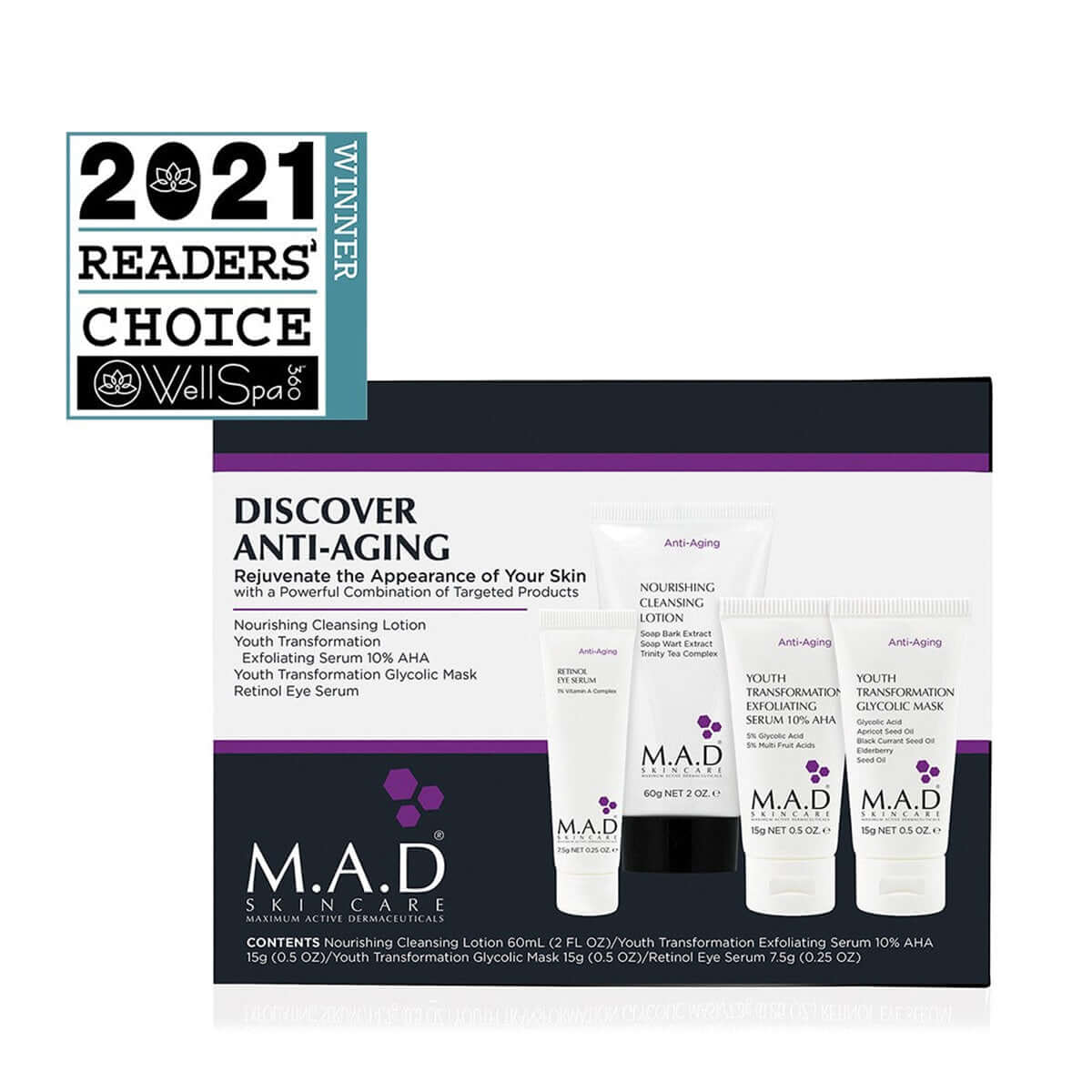 Discover Anti-Aging Kit by MAD Skincare, Readers’ Choice Award Winner 2021. Includes cleansing lotion, exfoliating serum, glycolic mask, and eye serum.