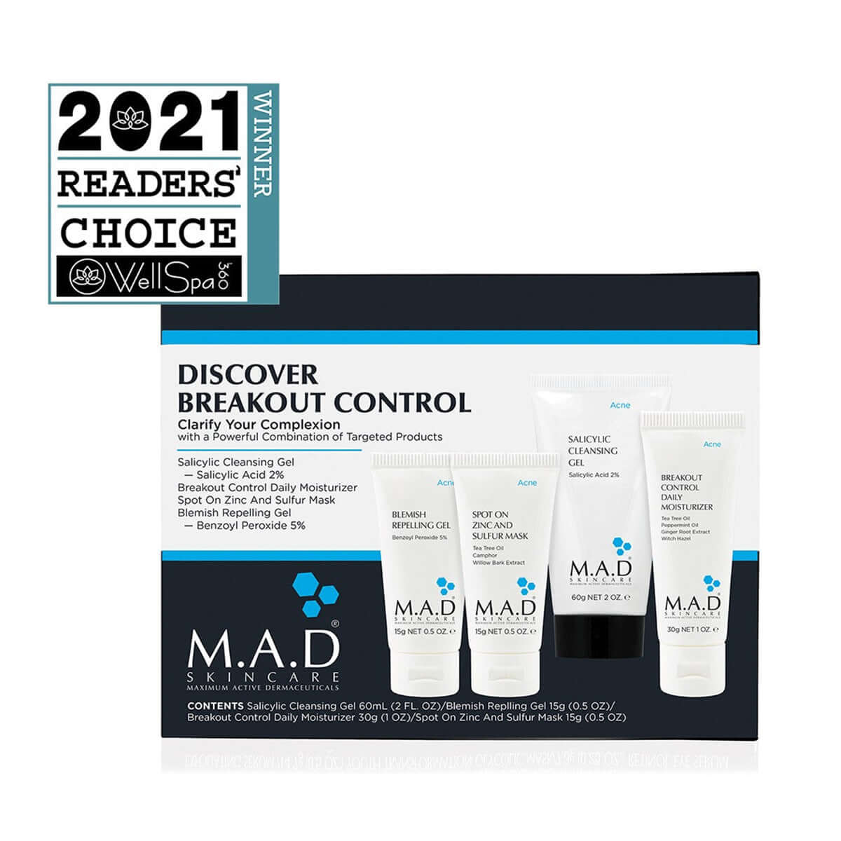 MAD Skincare Discover Breakout Control Kit with Salicylic Cleansing Gel, Blemish Repelling Gel, Daily Moisturizer, Zinc and Sulfur Mask