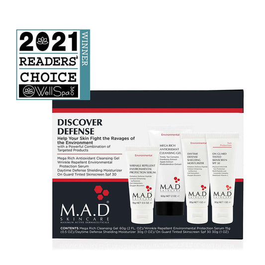 Discover Defense by MAD Skincare kit including cleanser, serum, moisturizer, and tinted sunscreen with 2021 Reader's Choice Award badge