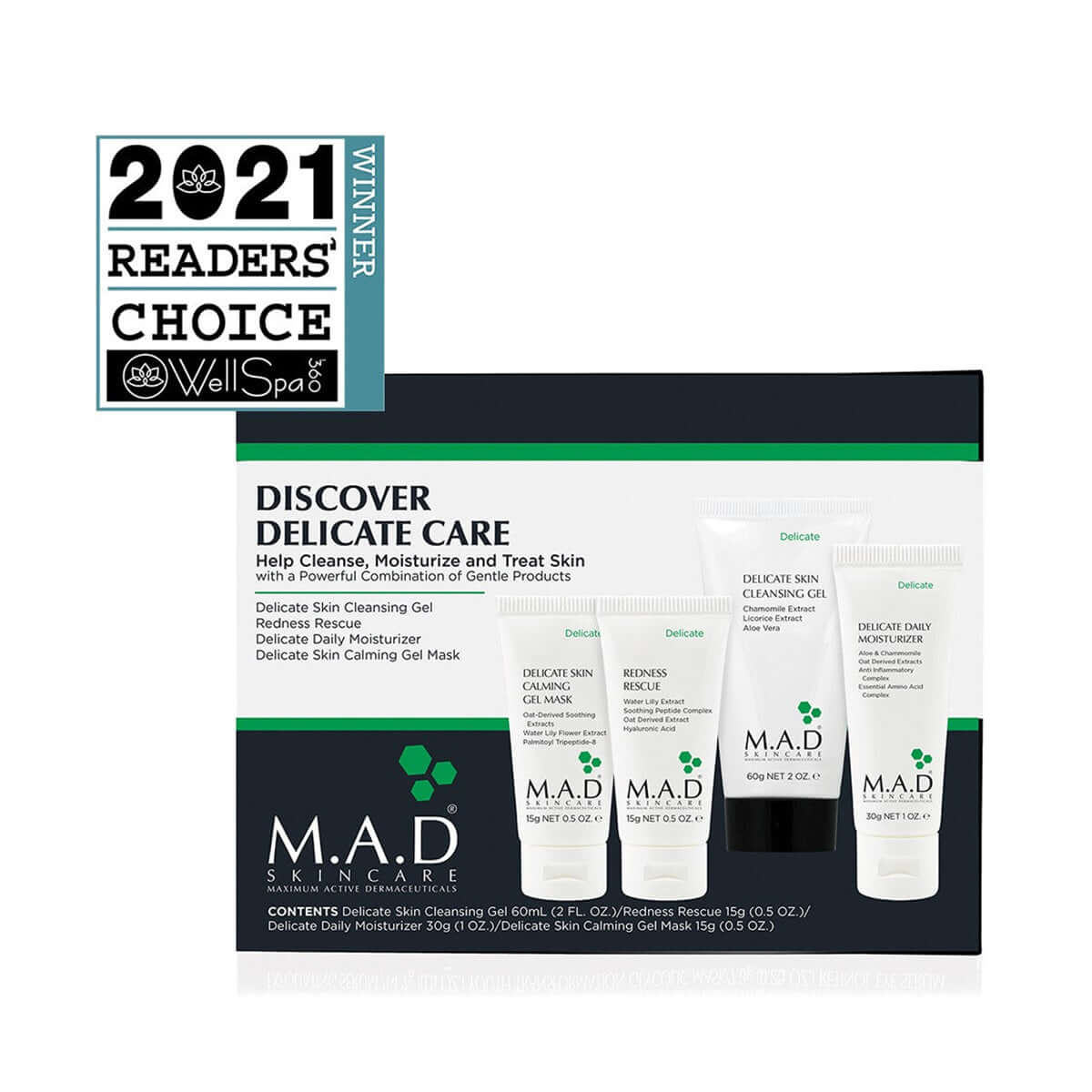 Discover Delicate Care skincare kit by M.A.D Skincare, featuring cleansing gel, redness rescue, moisturizer, and calming gel mask. 2021 Readers' Choice winner.