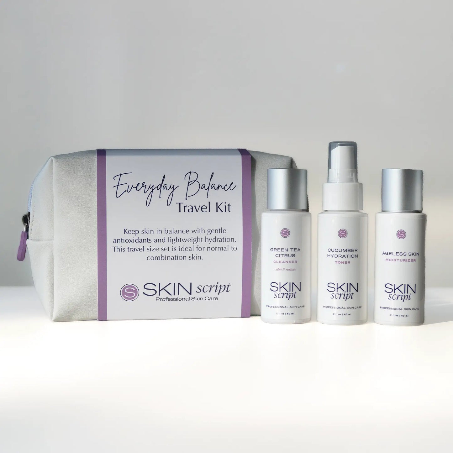 Everyday Balance Travel Kit includes Green Tea Citrus Cleanser, Cucumber Hydration Toner, and Ageless Skin Moisturizer.
