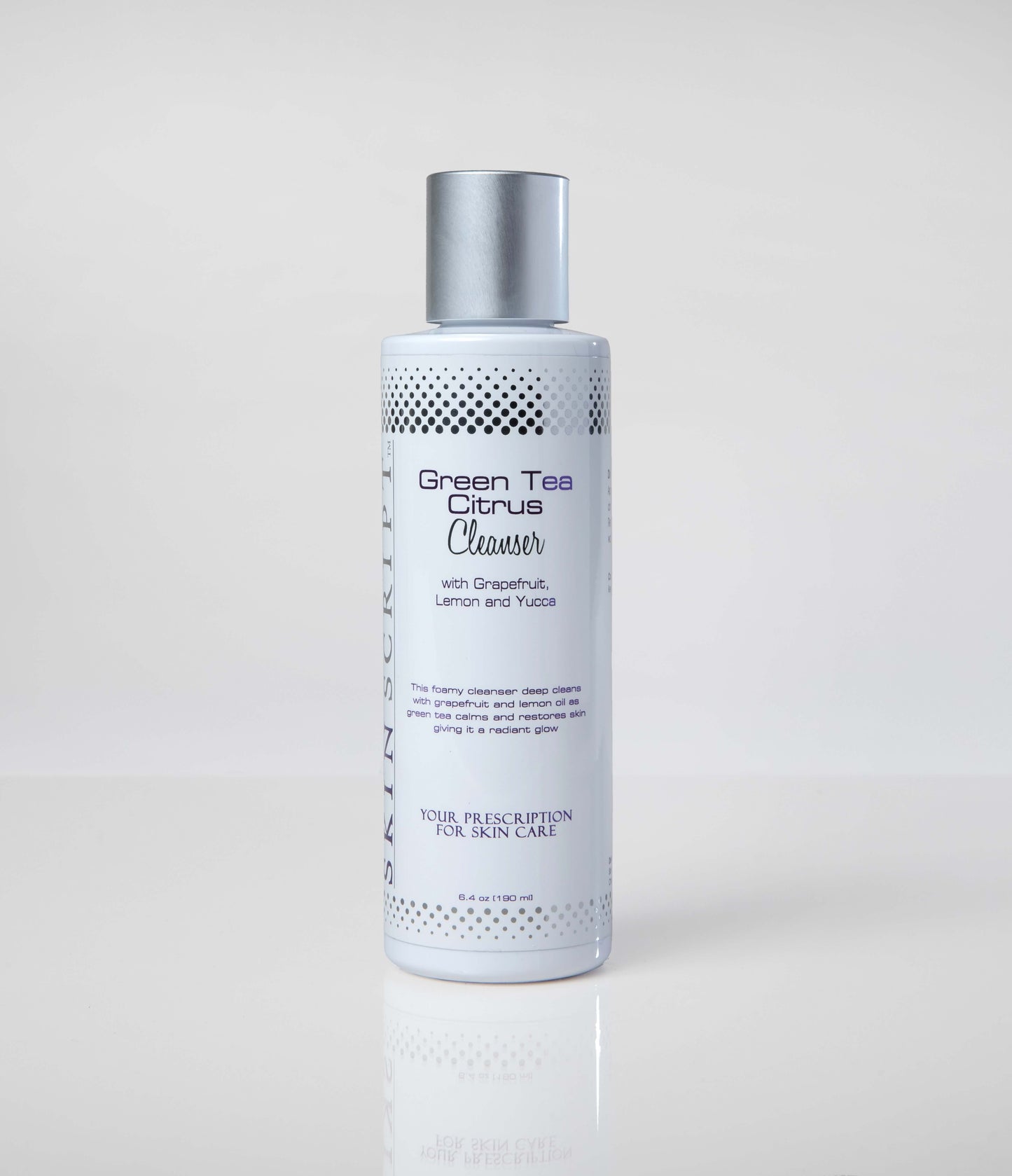 Green Tea Citrus Cleanser for normal combination skin from Skin Script, containing grapefruit, lemon, and yucca, 6.4 oz bottle.