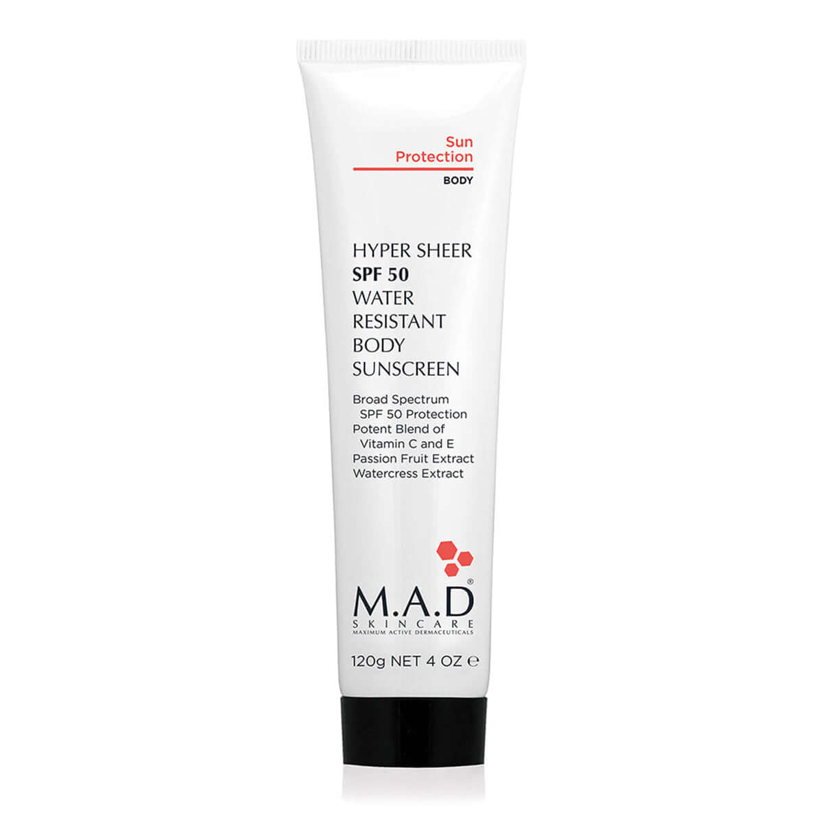 Hyper Sheer SPF 50 Water Resistant Body Sunscreen by MAD Skincare - 120g Tube for Broad Spectrum Sun Protection