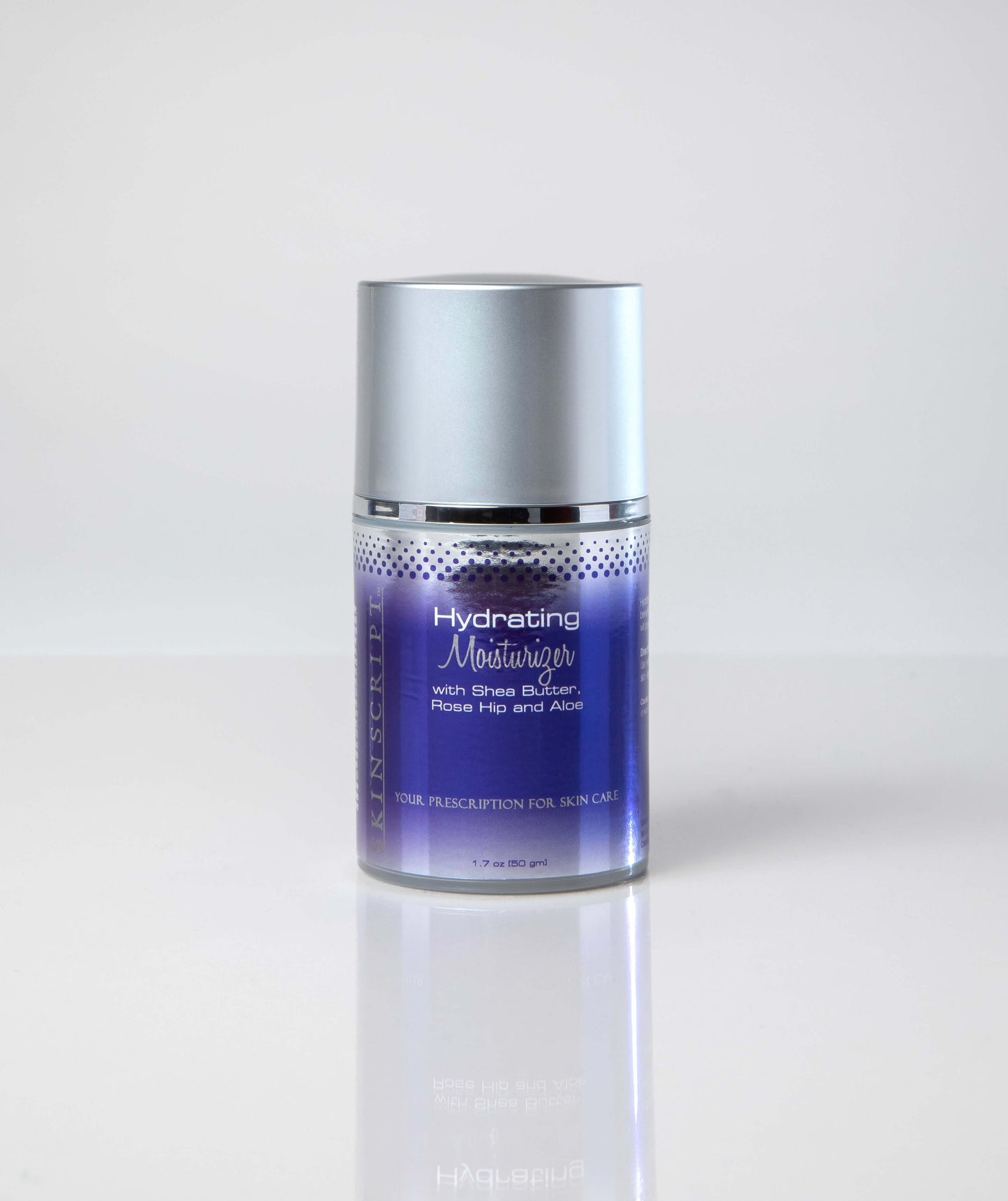 Hydrating Moisturizer for dry skin with shea butter, rose hip, and aloe in a sleek silver and purple bottle.