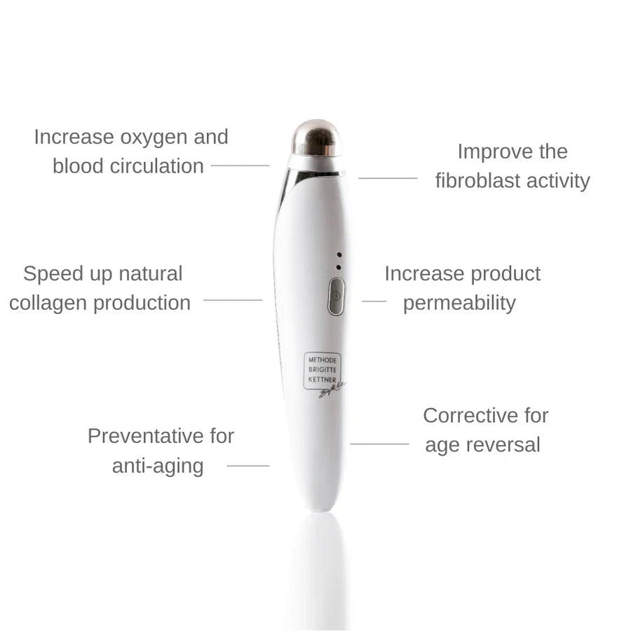 MBK Eye Rejuvenator device showing benefits like increased oxygen circulation, improved fibroblast activity, and anti-aging features.