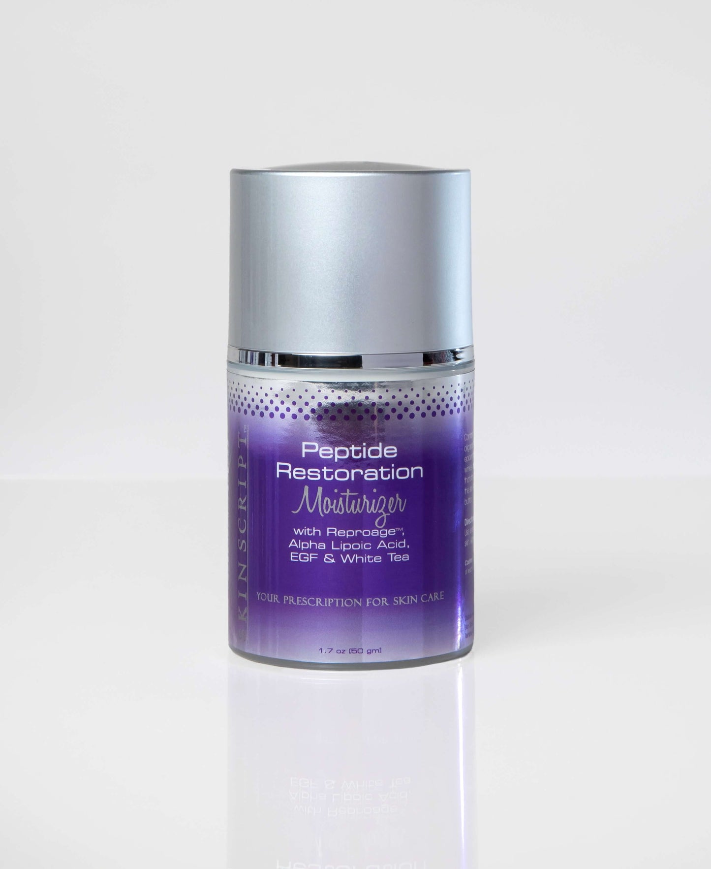 Peptide Restoration Moisturizer bottle with ReproAge, ChroNOline, and rH oligopeptide-1 to reduce wrinkles and nourish skin.