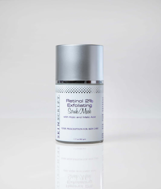 Retinol 2% Exfoliating Scrub/Mask container for radiant and glowing complexion, offering chemical and physical exfoliation.