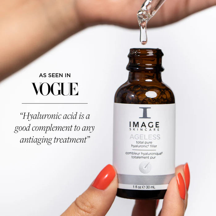AGELESS Total Pure Hyaluronic 6 Filler in a dropper bottle with hydrating serum for smoother skin