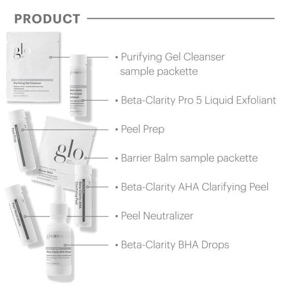 Glow skincare kit featuring Beta-Clarity AHA Clarifying Peel with purifying gel cleanser, liquid exfoliant, peel prep, barrier balm, and BHA drops