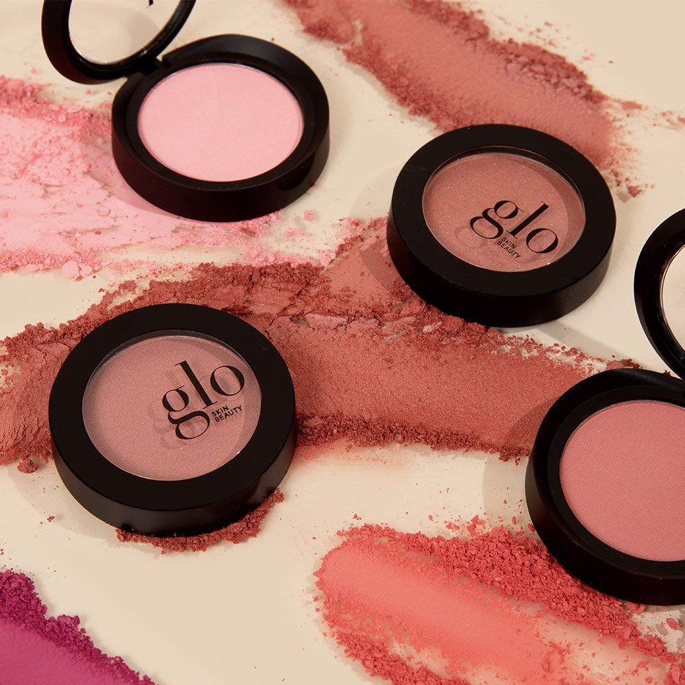 Velvety soft mineral blush compacts in semi-matte and shimmery finishes, showcasing a talc-free, buildable color formula for cheeks, eyelids, and lips.