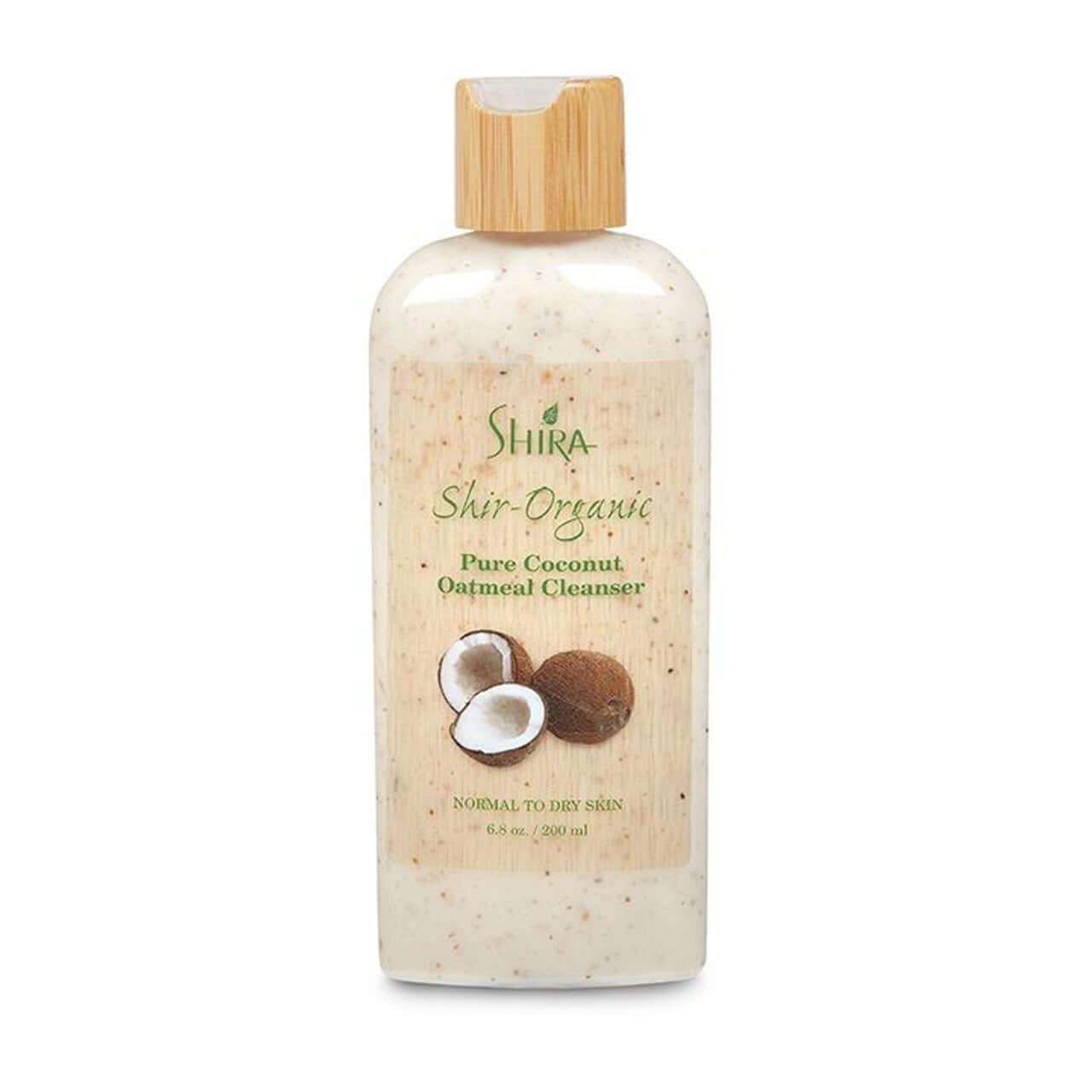 Bottle of Shira Shir-Organic Pure Coconut Oatmeal Cleanser for normal to dry skin with coconut graphic on label