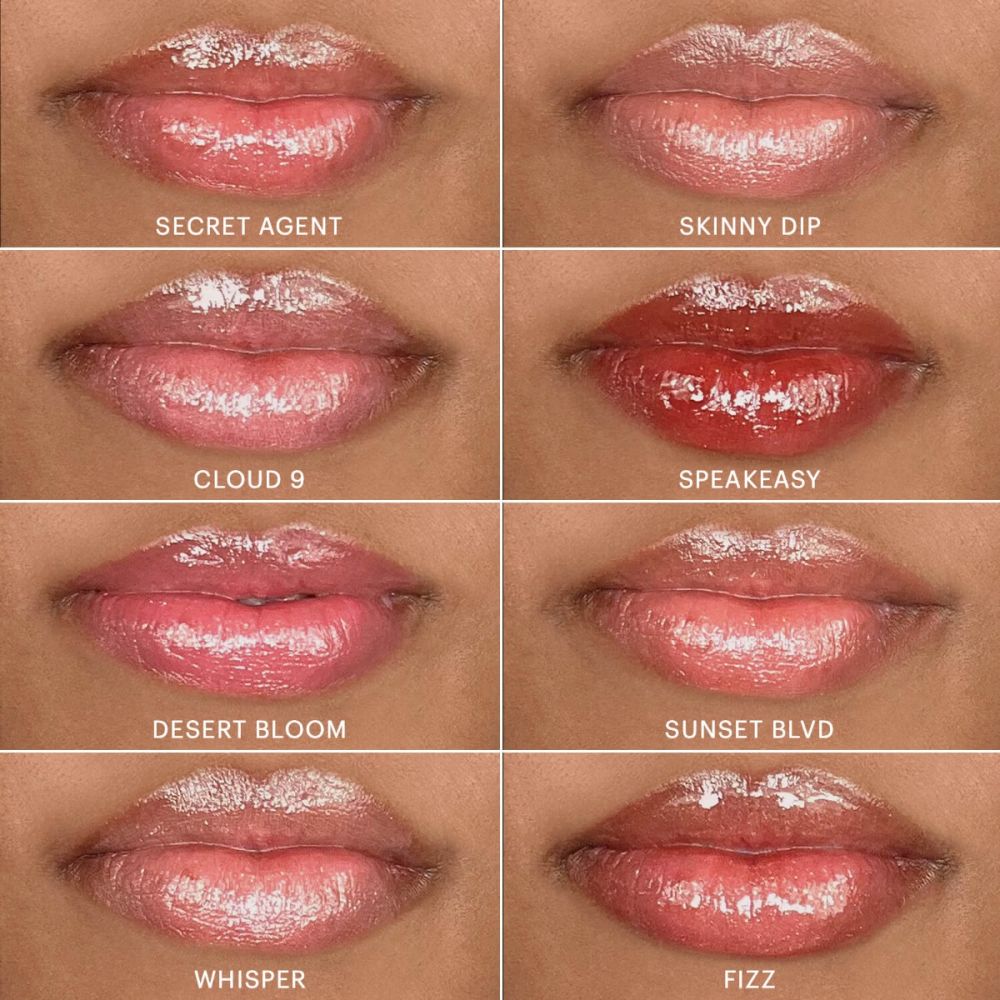 Conditioning Lip Gloss swatches in shades Secret Agent, Skinny Dip, Cloud 9, Speakeasy, Desert Bloom, Sunset Blvd, Whisper, Fizz, showing high-shine finish