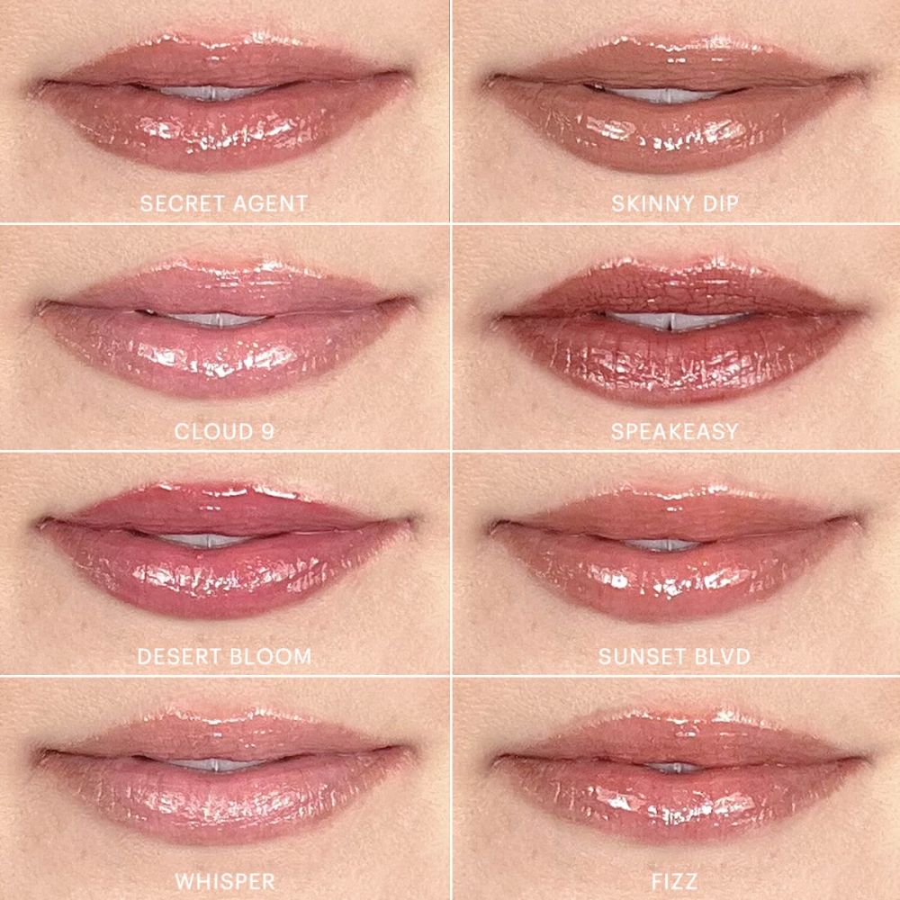 Shades of Conditioning Lip Gloss including Secret Agent, Skinny Dip, Cloud 9, Speakeasy, Desert Bloom, Sunset Blvd, Whisper, and Fizz.