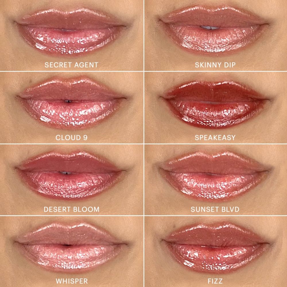 Swatches of Conditioning Lip Gloss in shades Secret Agent, Skinny Dip, Cloud 9, Speakeasy, Desert Bloom, Sunset Blvd, Whisper, and Fizz on lips.