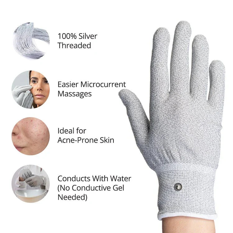 Conductive gloves for MyoLift microcurrent with benefits like silver threading, easier massages, acne-prone skin, and water conduction.