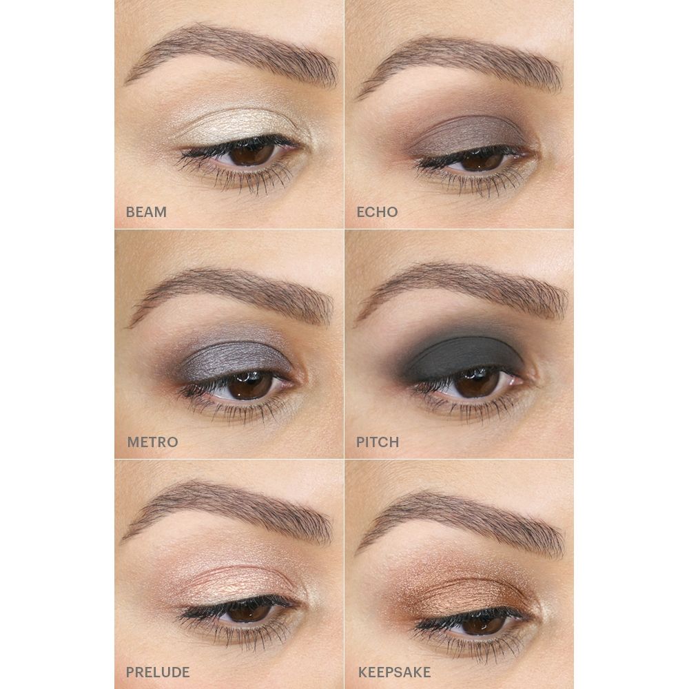 Cream Stay Shadow Stick swatches in six shades: Beam, Echo, Metro, Pitch, Prelude, Keepsake. Longwear, high-pigmented cream shadow.