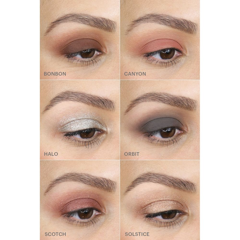 Cream Stay Shadow Stick swatches in shades Bonbon, Canyon, Halo, Orbit, Scotch, and Solstice applied on eyelids.