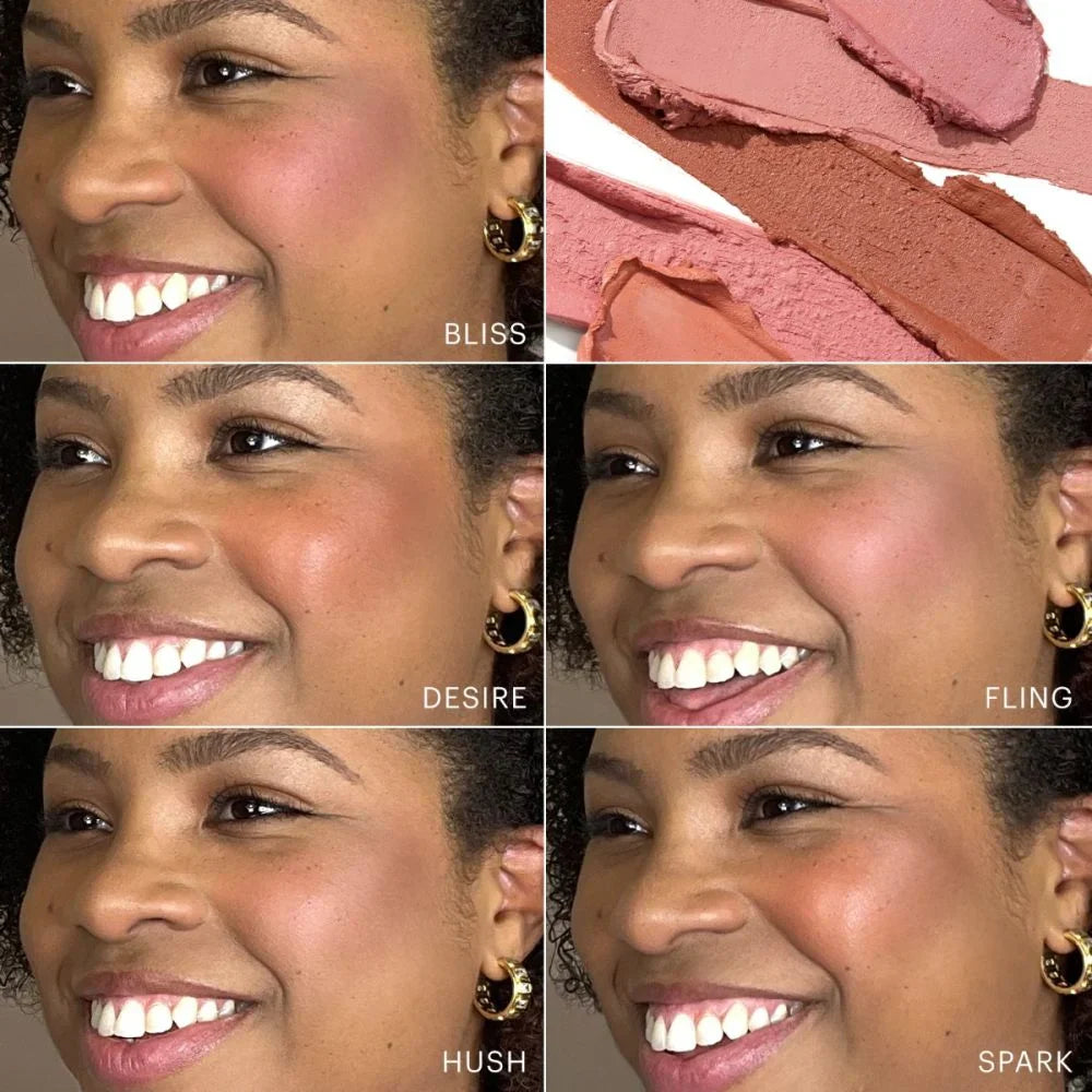 Woman wearing different shades of cream blush stick in bliss, desire, fling, hush, and spark, showcasing rich saturation and smooth application