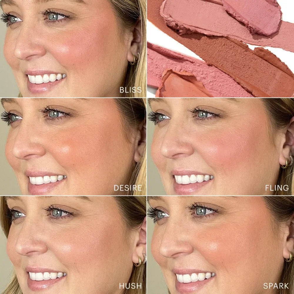 Woman wearing five different shades of cream blush sticks: Bliss, Desire, Fling, Hush, and Spark, showcasing the multitasking and buildable colors.