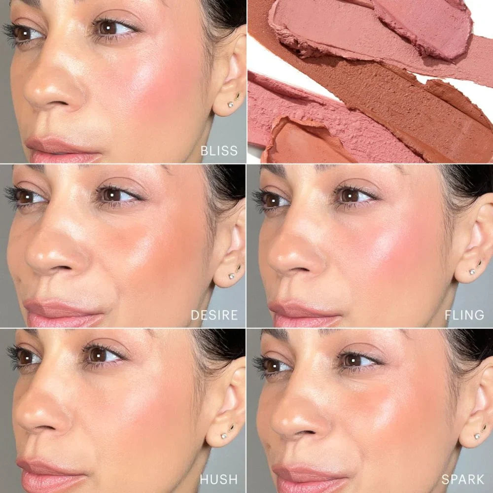 Woman showcasing different shades of Cream Blush Stick in Bliss, Desire, Fling, Hush, and Spark for cheeks, eyelids, and lips.