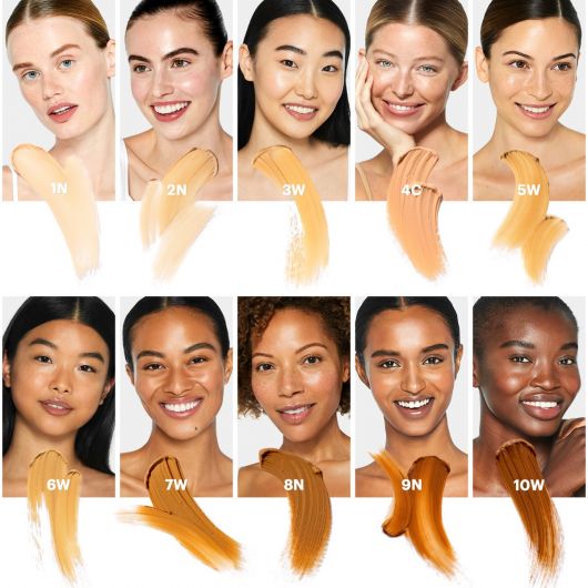 Women showcasing C-Shield Anti-Pollution Moisture Tint SPF 30 in various shades, highlighting inclusive skin tones and weightless wearability.