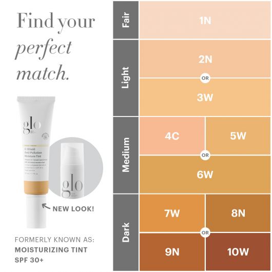 Shade guide for C-Shield Anti-Pollution Moisture Tint SPF 30 with new look, previously known as Moisturizing Tint SPF 30+.