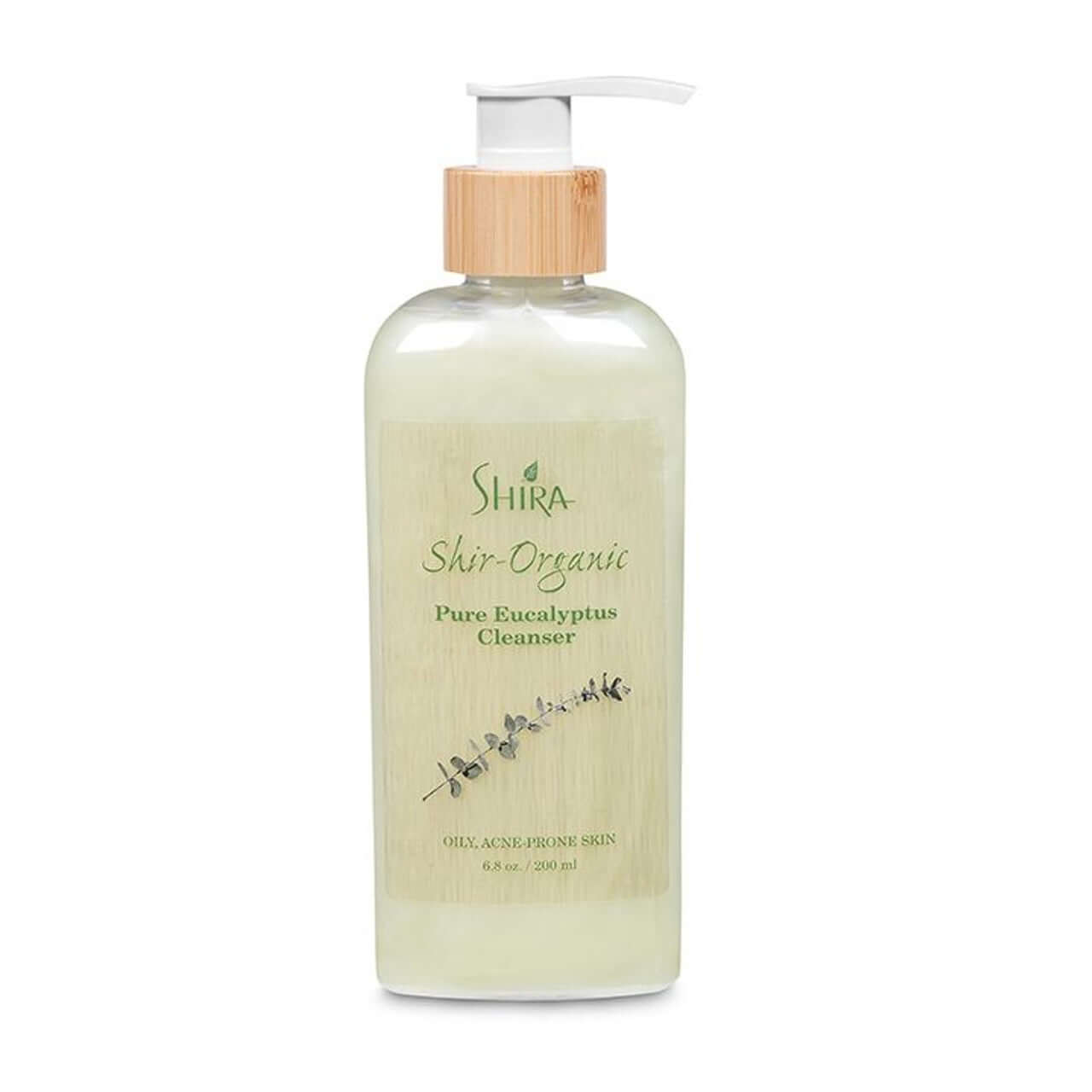 Pure Eucalyptus Cleanser by Shir-Organic in a pump bottle for oily and acne-prone skin, 6.8oz / 200ml