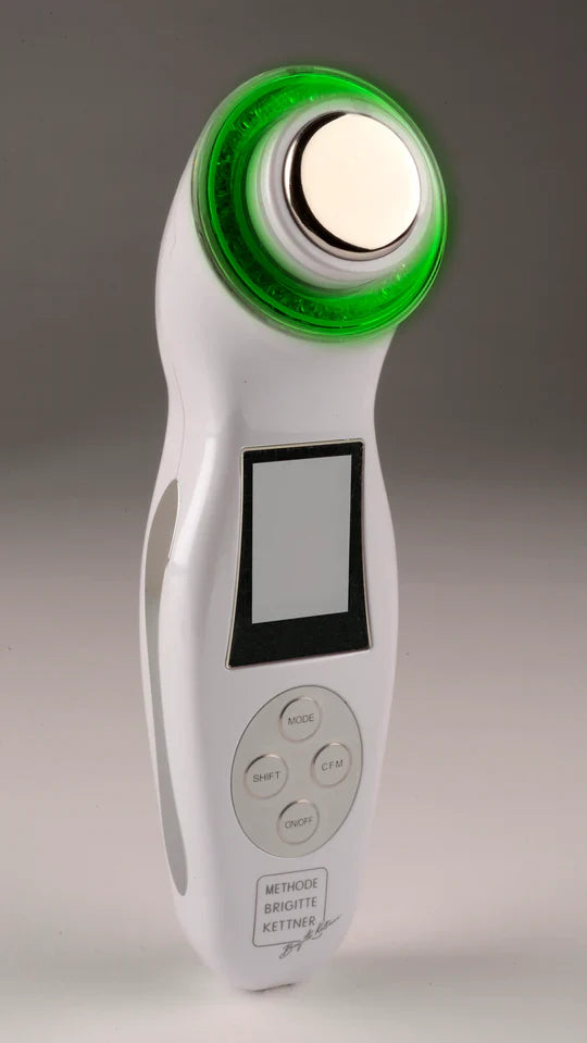 The Wave Ultrasound, Vibrations & LED device for toning, anti-aging, and product penetration with 4 treatment modalities.