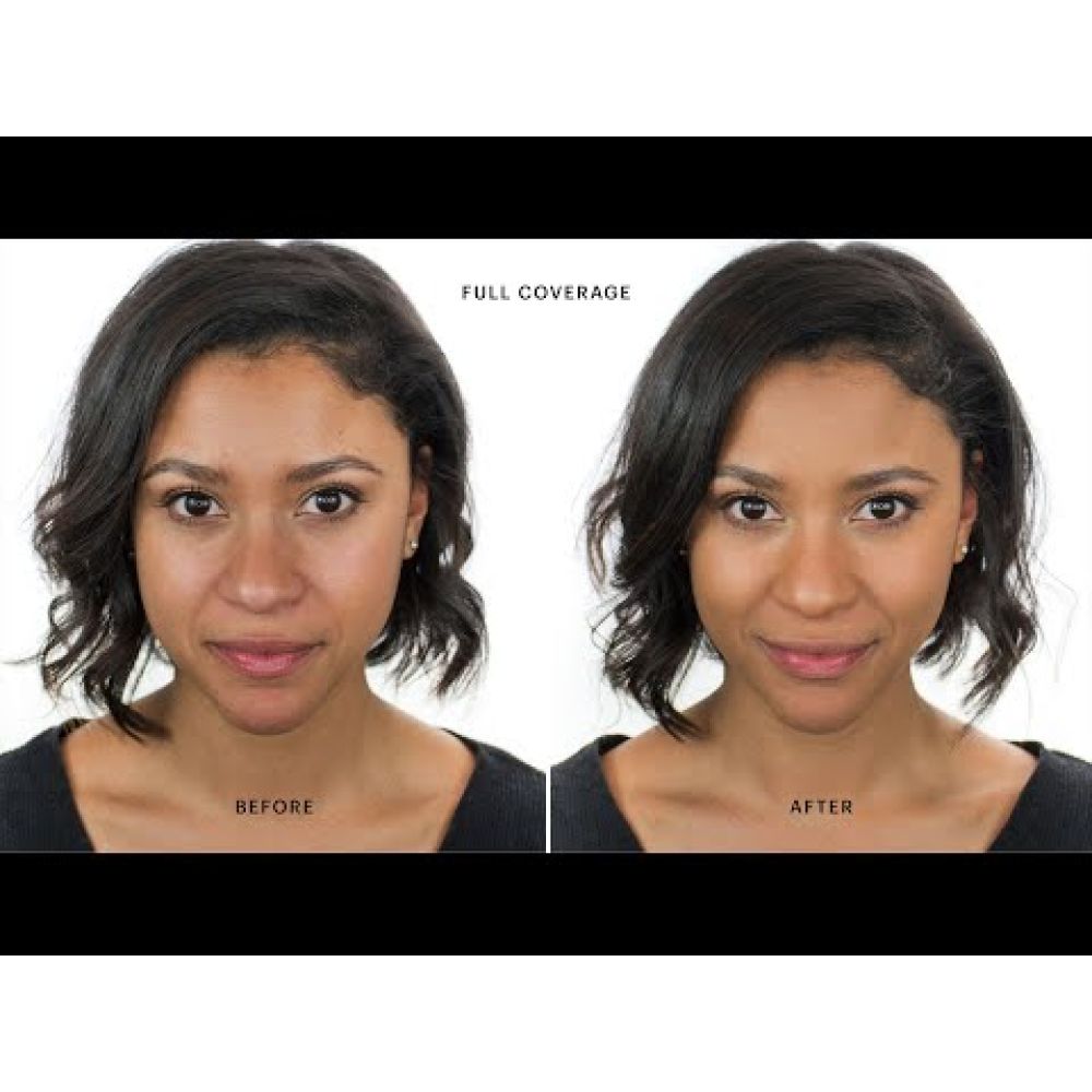 Before and after comparison of pressed powder foundation coverage on a woman's face.