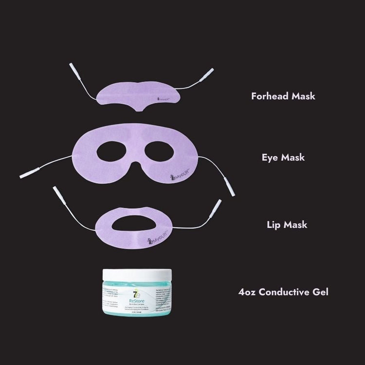 MyoLift™ Mini Home Care Kit including forehead mask, eye mask, lip mask, and 4oz conductive gel for microcurrent facial toning.