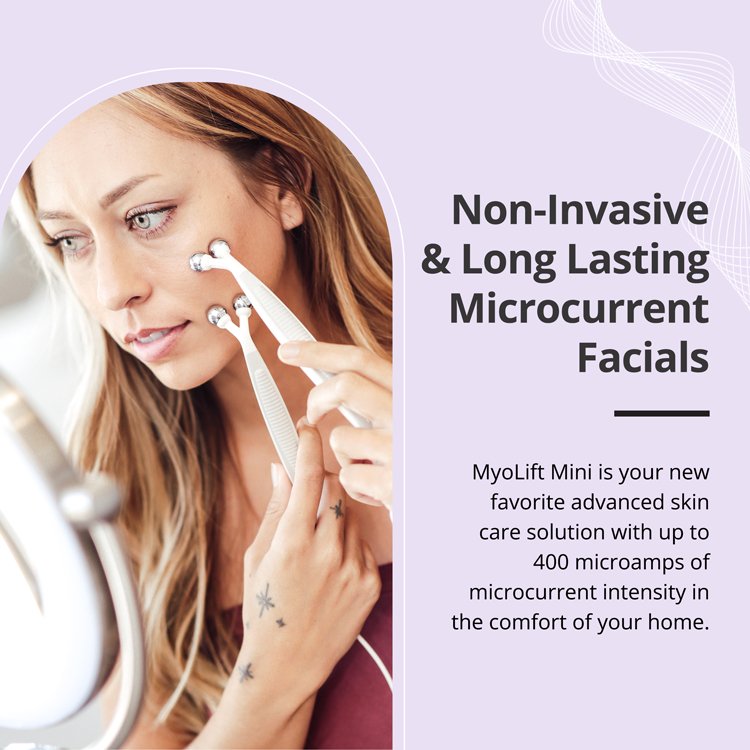 Woman using MyoLift Mini facial toning device for non-invasive microcurrent treatment at home