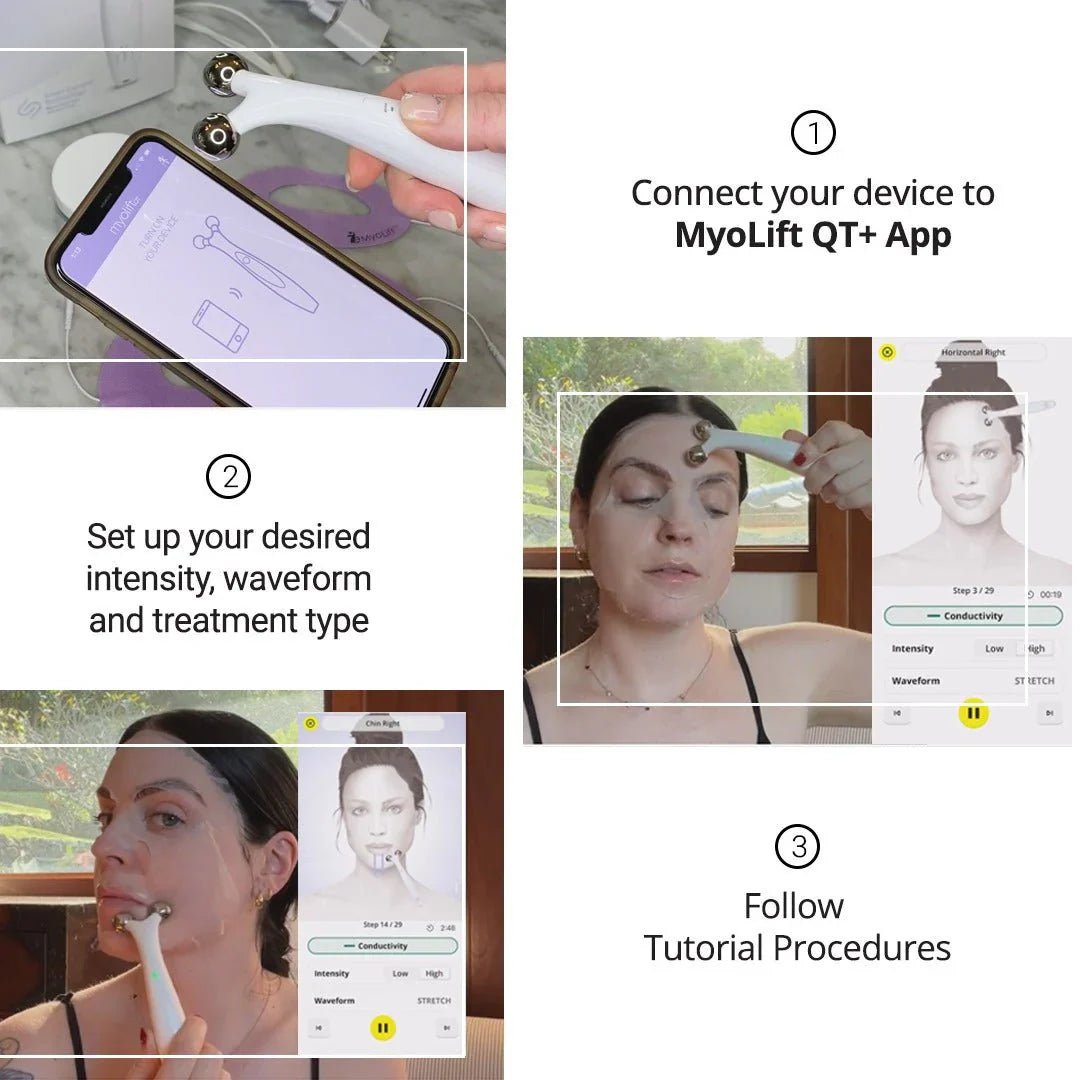 Steps to use MyoLift QT Plus Facial Toning Device with app for adjustable intensity, waveform, and treatment type, featuring hands-free attachments.