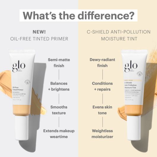 Comparison between Oil-Free Tinted Primer with SPF 30 and C-Shield Anti-Pollution Moisture Tint highlighting their finishes and benefits.