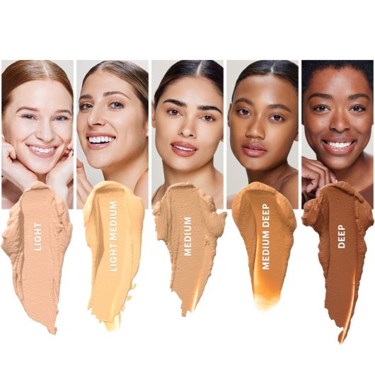 Oil-Free Tinted Primer SPF 30 swatches in Light, Light Medium, Medium, Medium Deep, and Deep shades with diverse models.