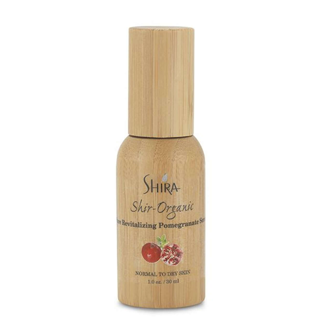 Bottle of Shira Organic Pure Revitalizing Pomegranate Serum for dry and aging skin, 1 fl oz.