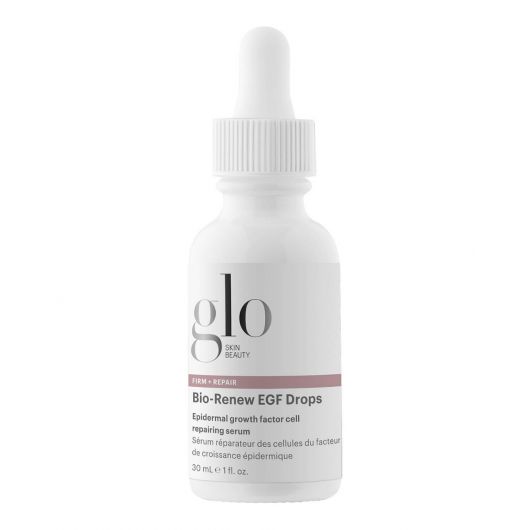 Bio-Renew EGF Drops reparative serum with vegan EGF and peptide complex for anti-aging, firming, and restorative skin care in a white bottle