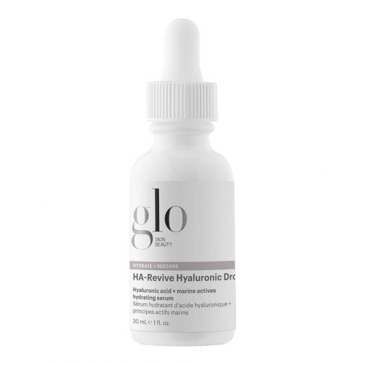 HA-Revive Hyaluronic Drops serum bottle with hyaluronic acid and marine actives for hydrating, plumping, and strengthening skin.