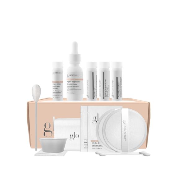 Hydra-Bright AHA Glow Peel kit with vegan lactic and ferulic acid, reparative antioxidants, and complete at-home treatment accessories.