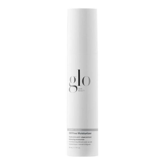 Oil Free Moisturizer with hyaluronic acid and algae extract for oily and combination skin by Glo Skin Beauty in a sleek white bottle