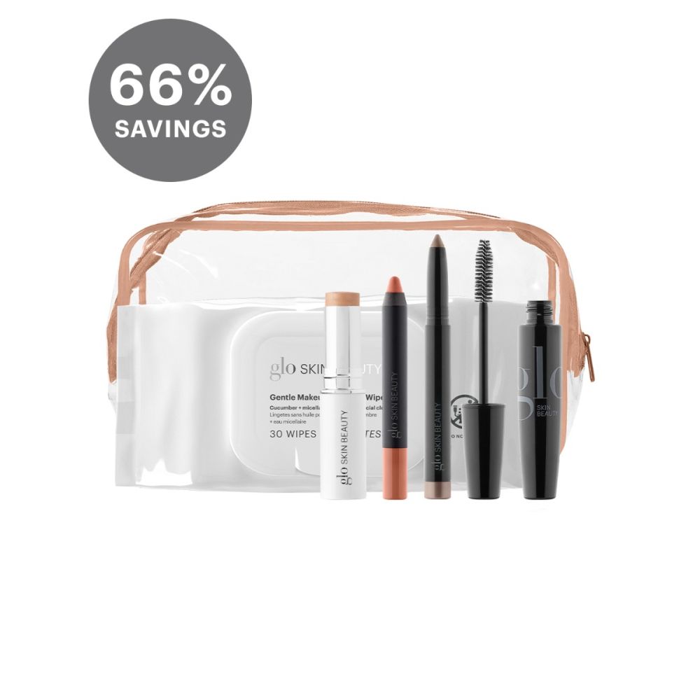 PTO Approved Travel Kit ~ Pro featuring five full-size beauty essentials and cosmetic bag, best-selling eye and lip colors, highlighter, mascara, makeup wipes.