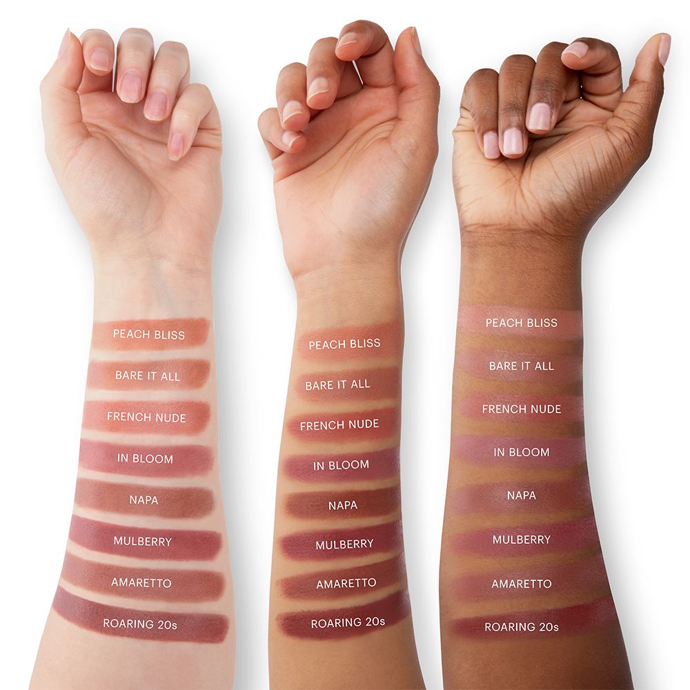 Swatches of Satin Lipstick shades on different skin tones, showcasing creamy, longwearing, richly pigmented colors.