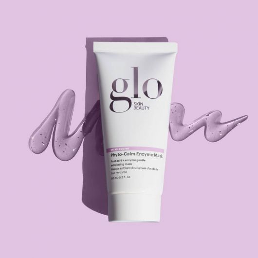 Glo Skin Beauty Phyto-Calm Enzyme Mask for natural exfoliation, hydrating, and soothing skin on a purple background